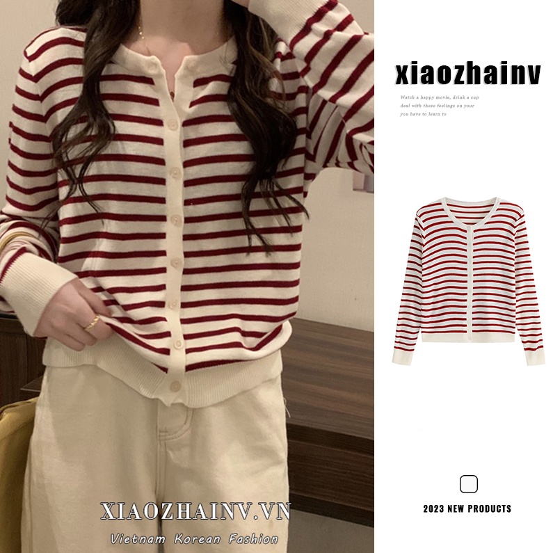 Áo Khoác Cardigan Dệt Kim Tay Dài Họa Tiết Sọc Ngang Thời Trang Hàn Quốc Cho Nữ Có 6 Màu Lựa Chọn Xiaozhainv