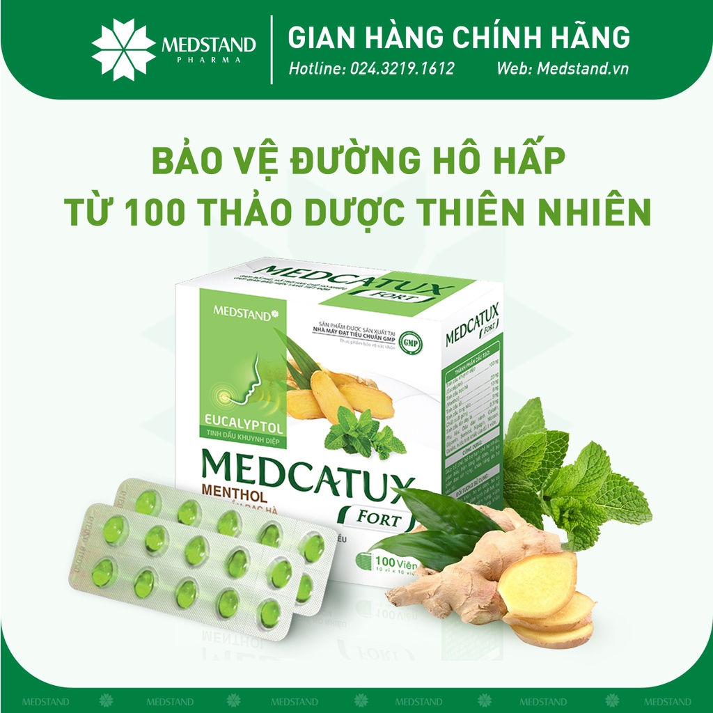 Viên bổ phế giảm tăng tiết đờm, ho nhiều, đau rát họng, khản tiếng MEDSTAND Medcatux Fort (Hộp 10 vỉ x 10 viên)