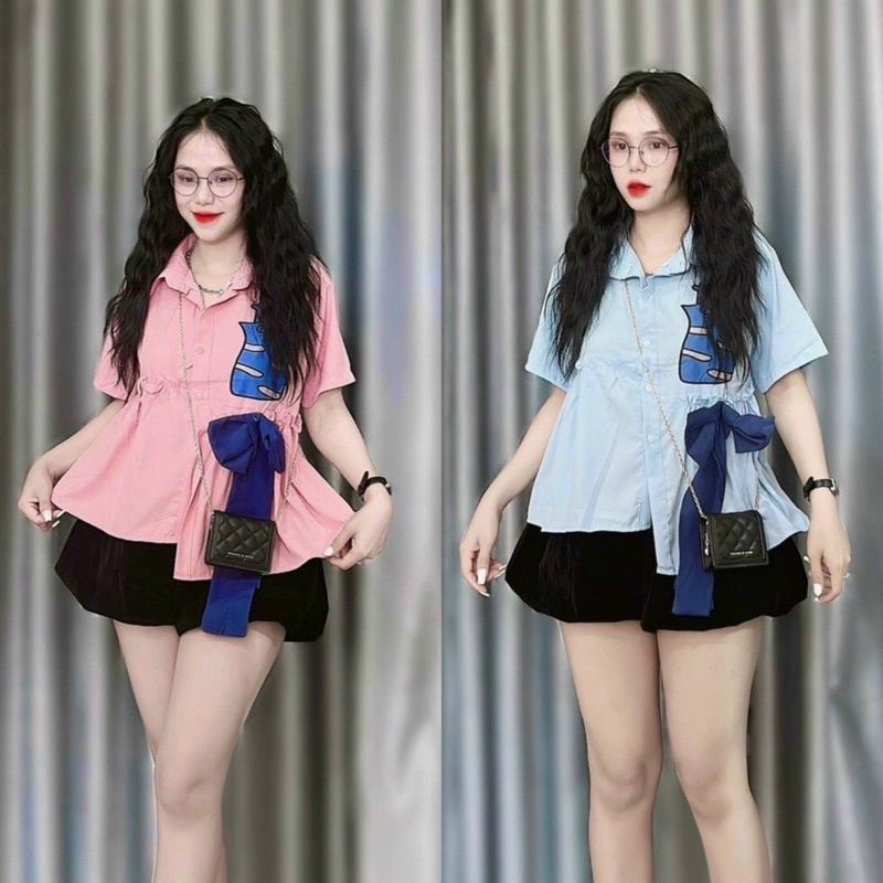 Set Bộ Đùi Đũi Áo  Hình  Mèo Babidoll Xẻ Tà Đính Nơ Kèm Quần Short