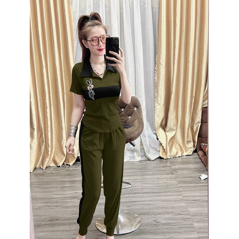 Set Đồ Thun Gân Cổ Bẻ Dáng Thể Thao Nữ - Phối Màu Đơn Giản - Logo Thêu - SP Y Hình