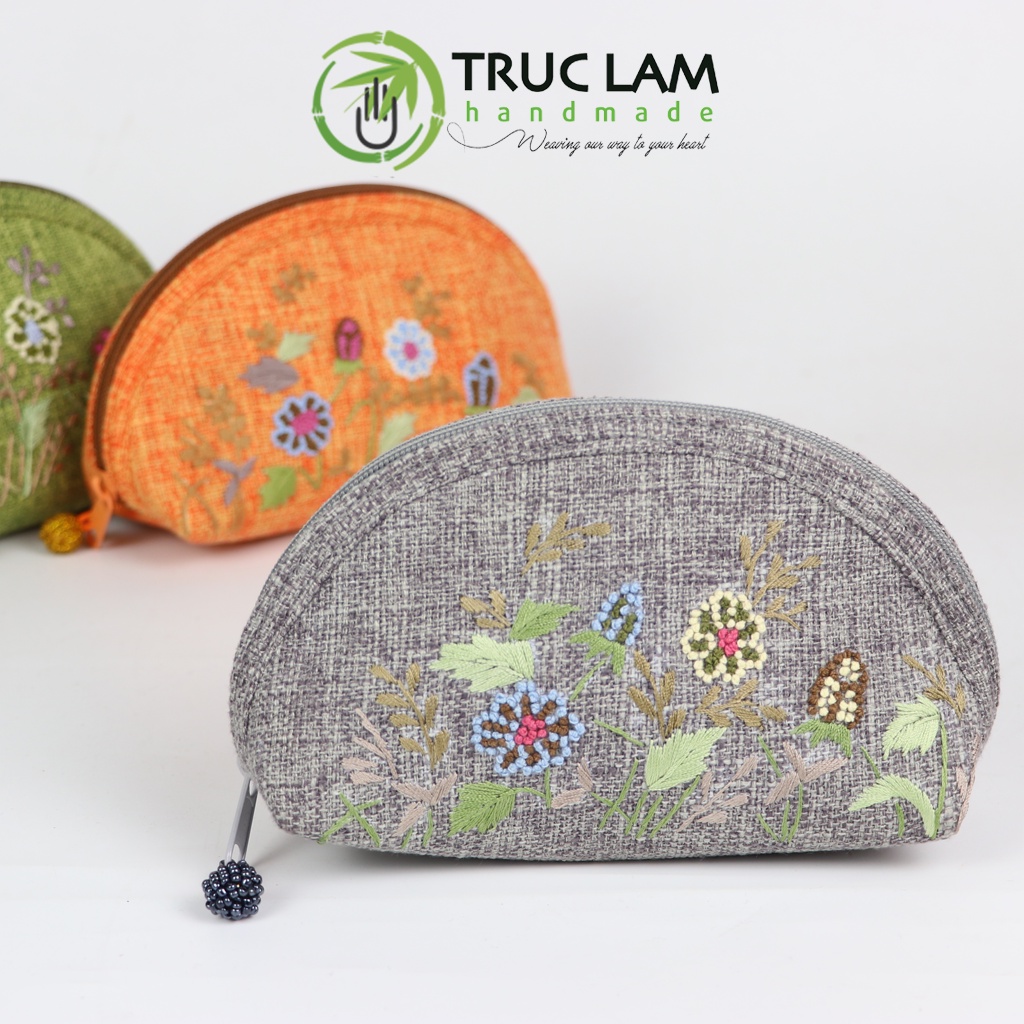 Ví Cầm Tay Nữ Ví Sò Vải Gai Họa Tiết Hoa Cỏ Thêu Tay Hai Mặt Họa Tiết Hoa Cỏ Trúc Lâm Handmade THEUV42