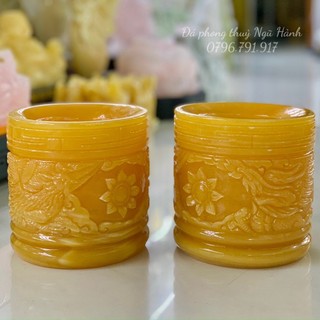 Lư hương , bát hương đá ngọc hoàng long chạm Long Phụng - cao 17cm đường kính 15cm