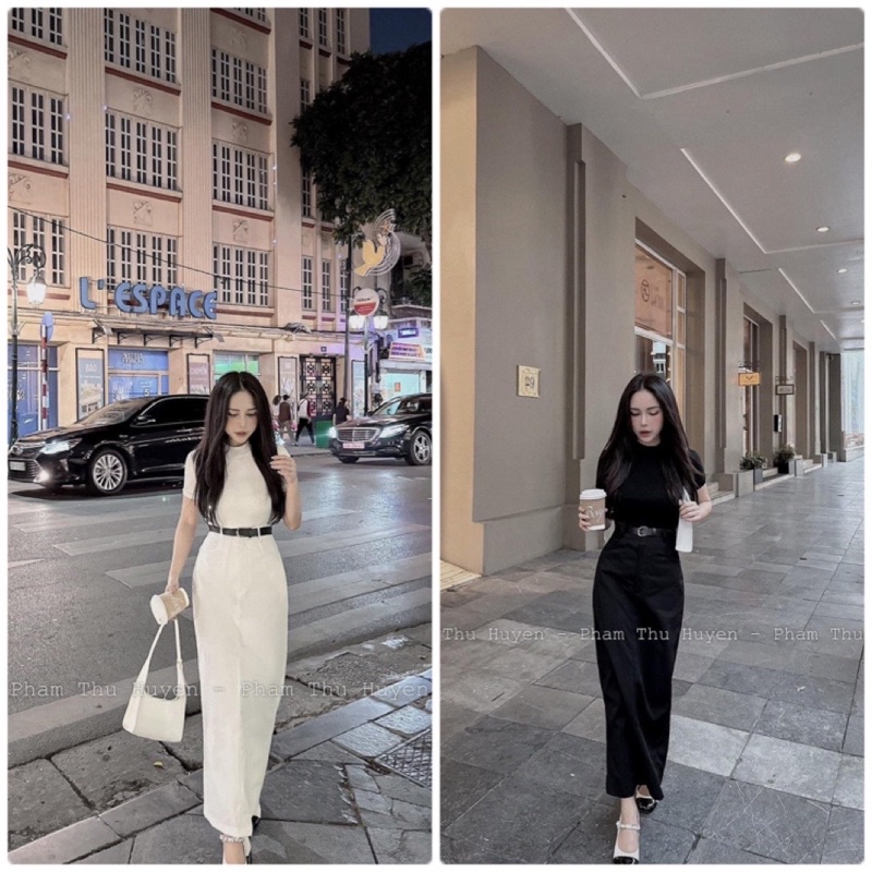 Set áo thun cổ tròn form ôm kèm chân váy maxi kaki có belt