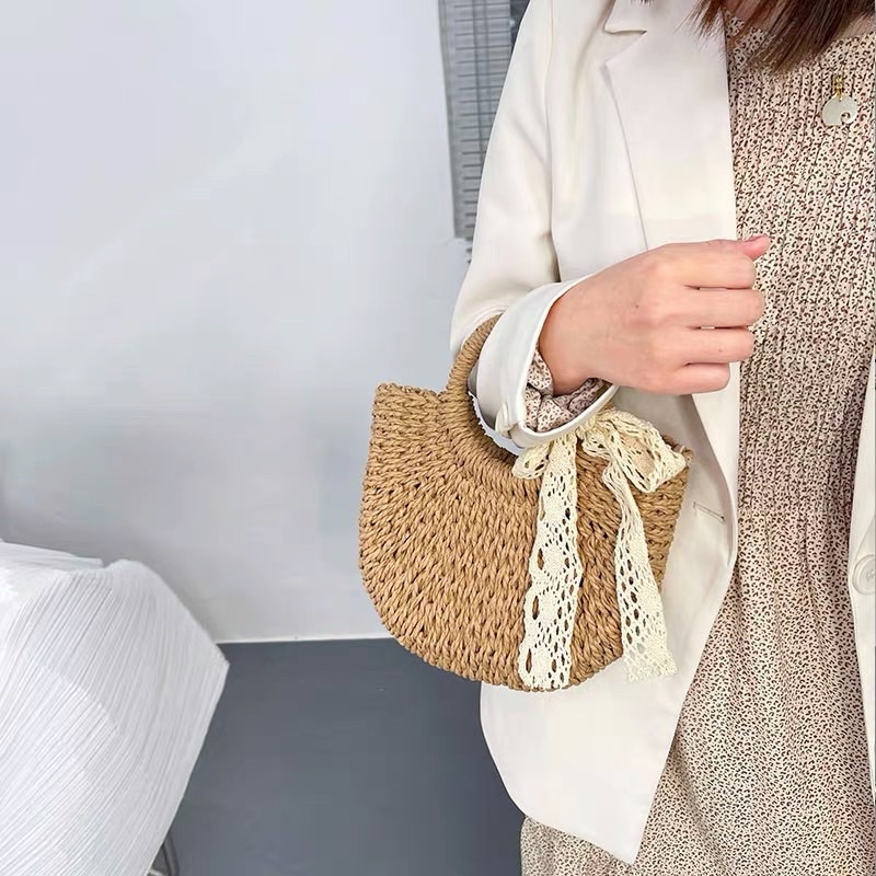 Túi cói bán nguyệt nơ ren đi biển vintage cho nữ