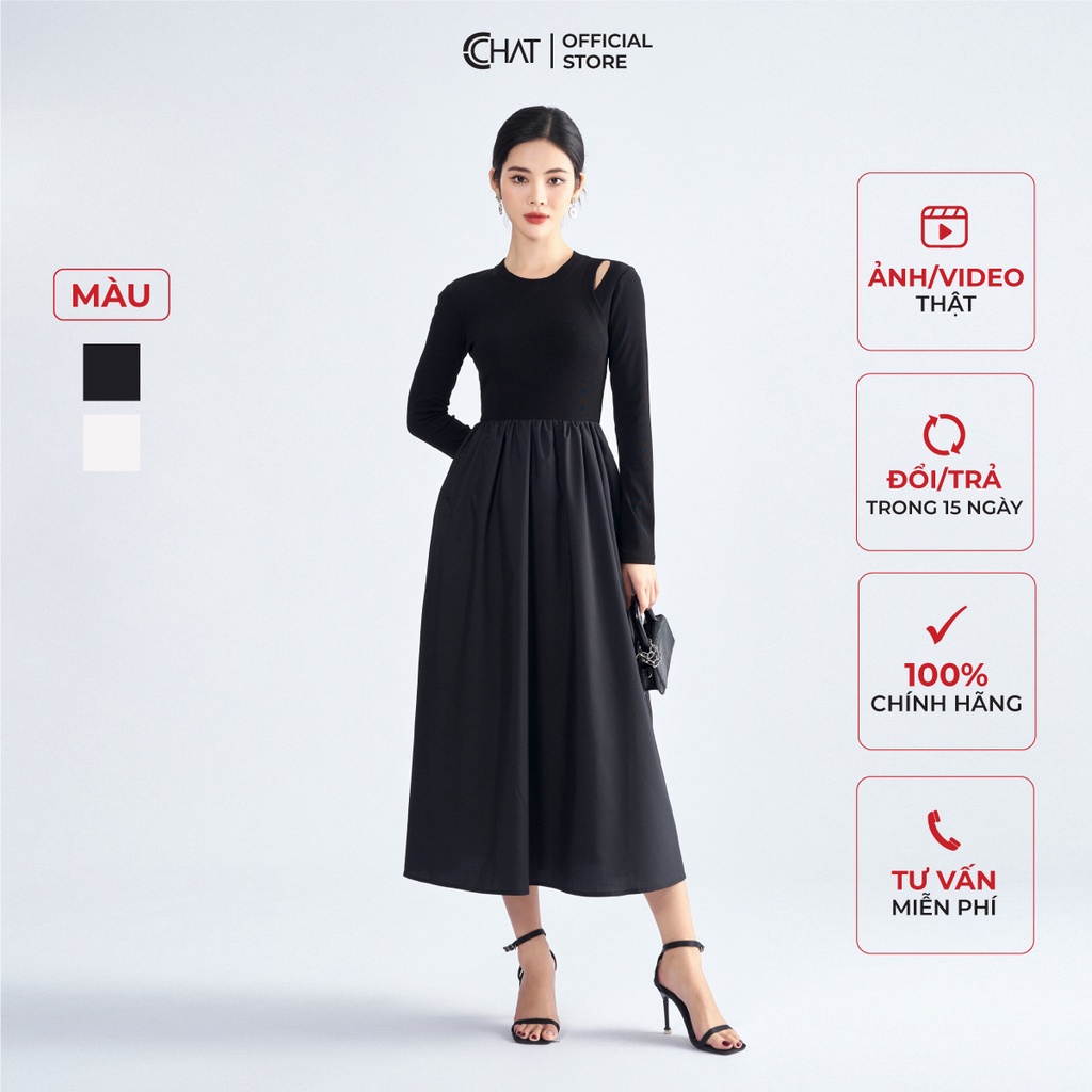 Đầm Nữ 𝐂𝐂𝐇𝐀𝐓 Cut Out Thân Trước Phối Chân Xòe Chất Liệu Thun Cao Cấp 22VDC8020XT