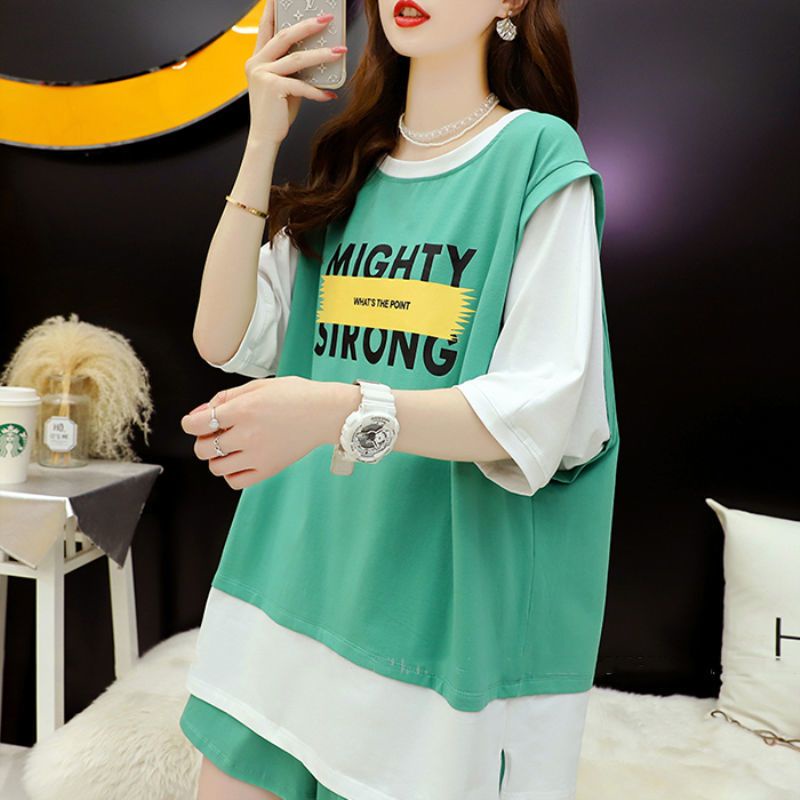 Set Áo Thun Ngắn Tay Giả Hai Lớp + Quần short Dáng Rộng Thời Trang 2023 Cho Nữ