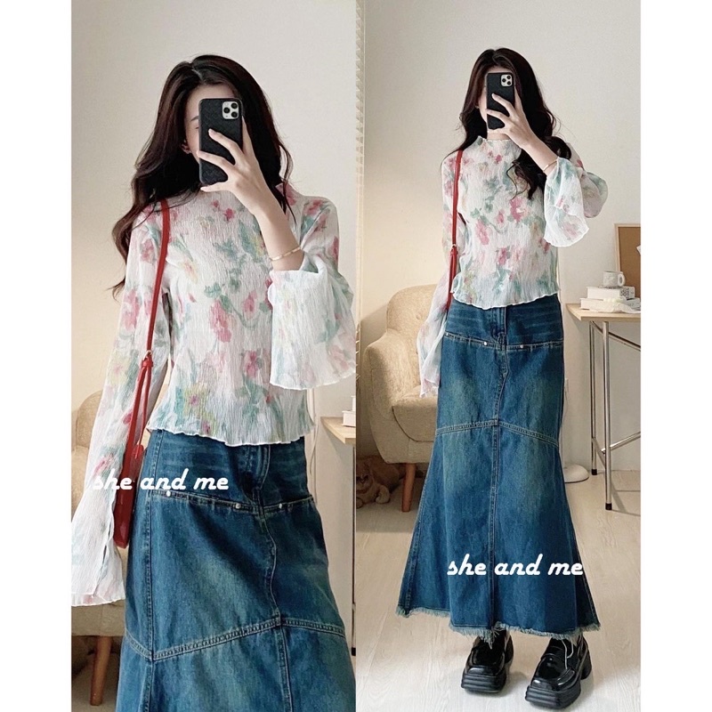 Áo Nhún Xếp Li Hoa Nhí Tay Loe Xẻ Phong Cách Siêu Xinh