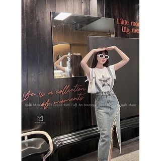 Váy yếm jean rách kèm belt
