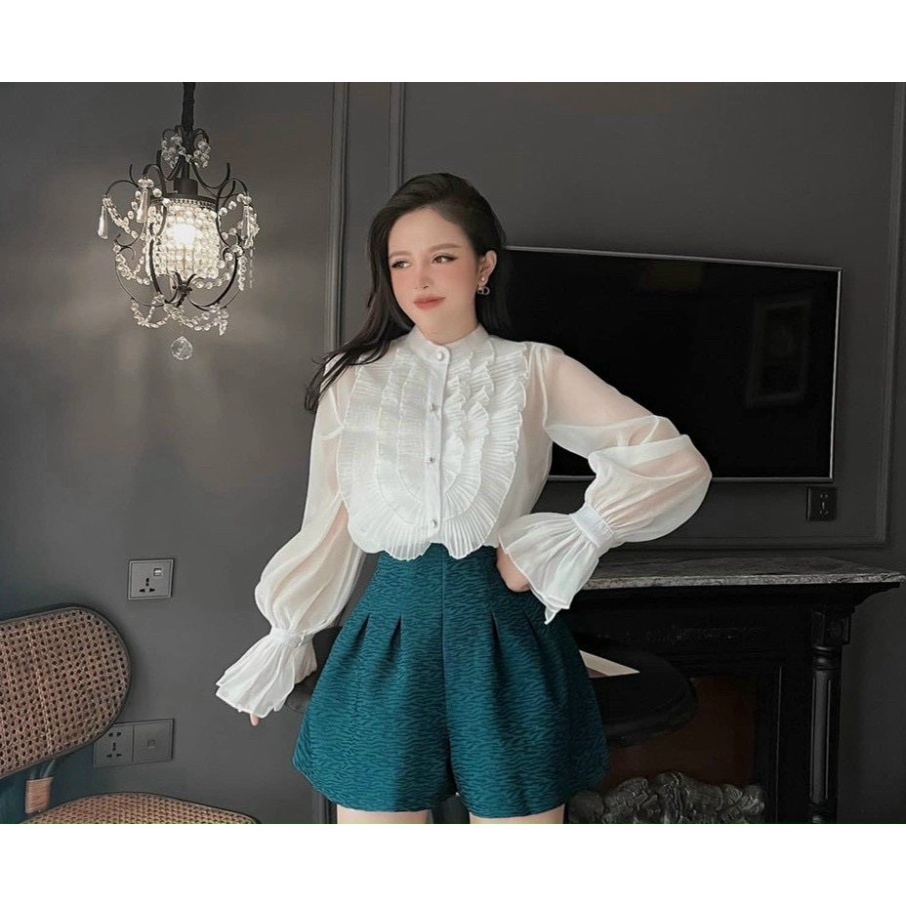 Áo sơ mi nữ kiểu phom rộng trắng be nâu tiểu thư -  Áo sơmi nữ phối bèo mặc đi học, đi làm nội y xanh - chất mát