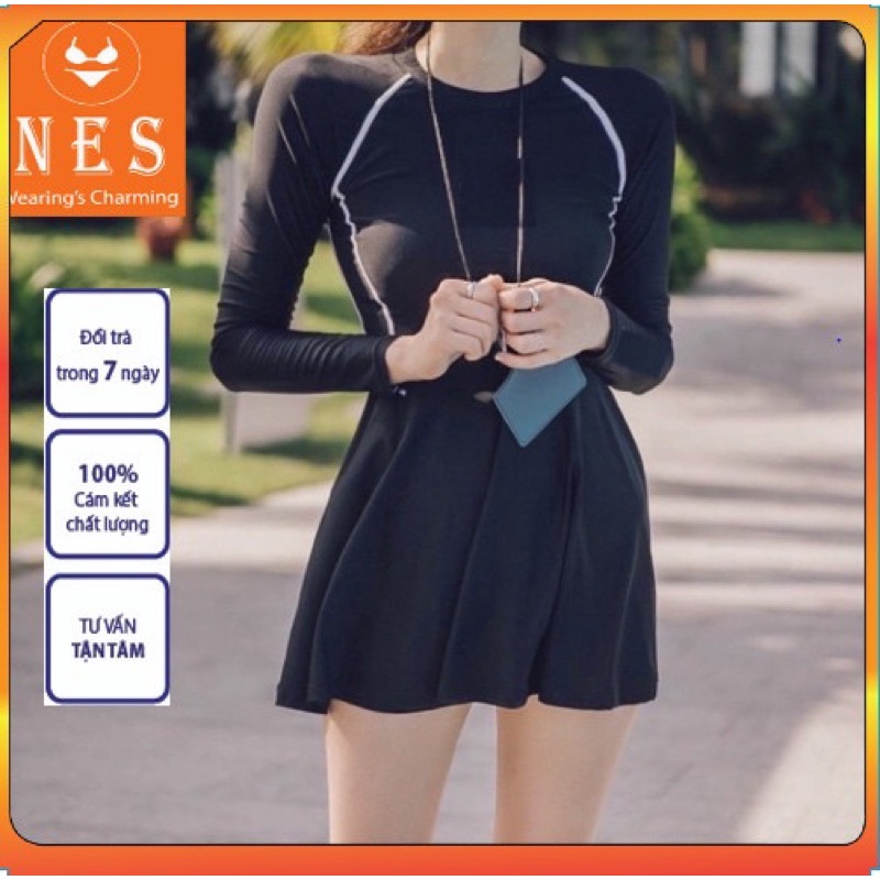 Bikini đi biển kín đáo 1 mảnh liền váy đồ bơi nữ dài tay có quần bảo hộ