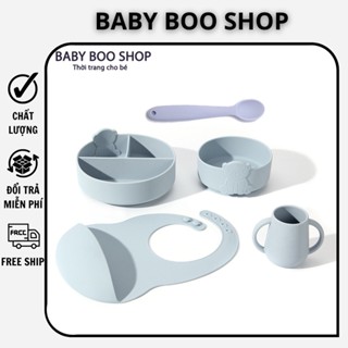 Bộ ăn dặm silicon cho bé, combo ăn dặm silicon chống rơi vỡ, va đập BABY BOO SHOP hai màu xanh, hồng cực đẹp