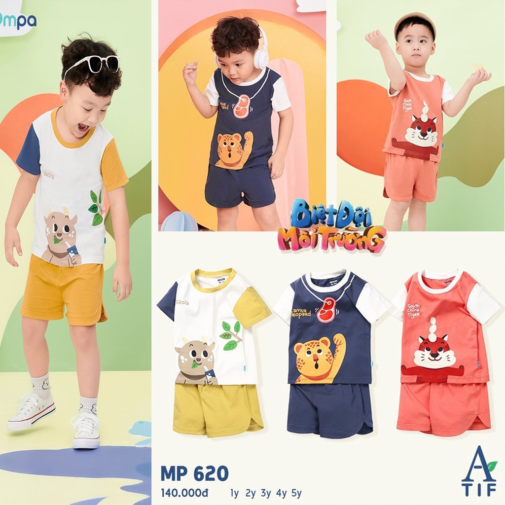 Bộ cộc tay cho bé Mompa từ 1-5 tuổi - Chất liệu Actif mới siêu thoáng mát MP620