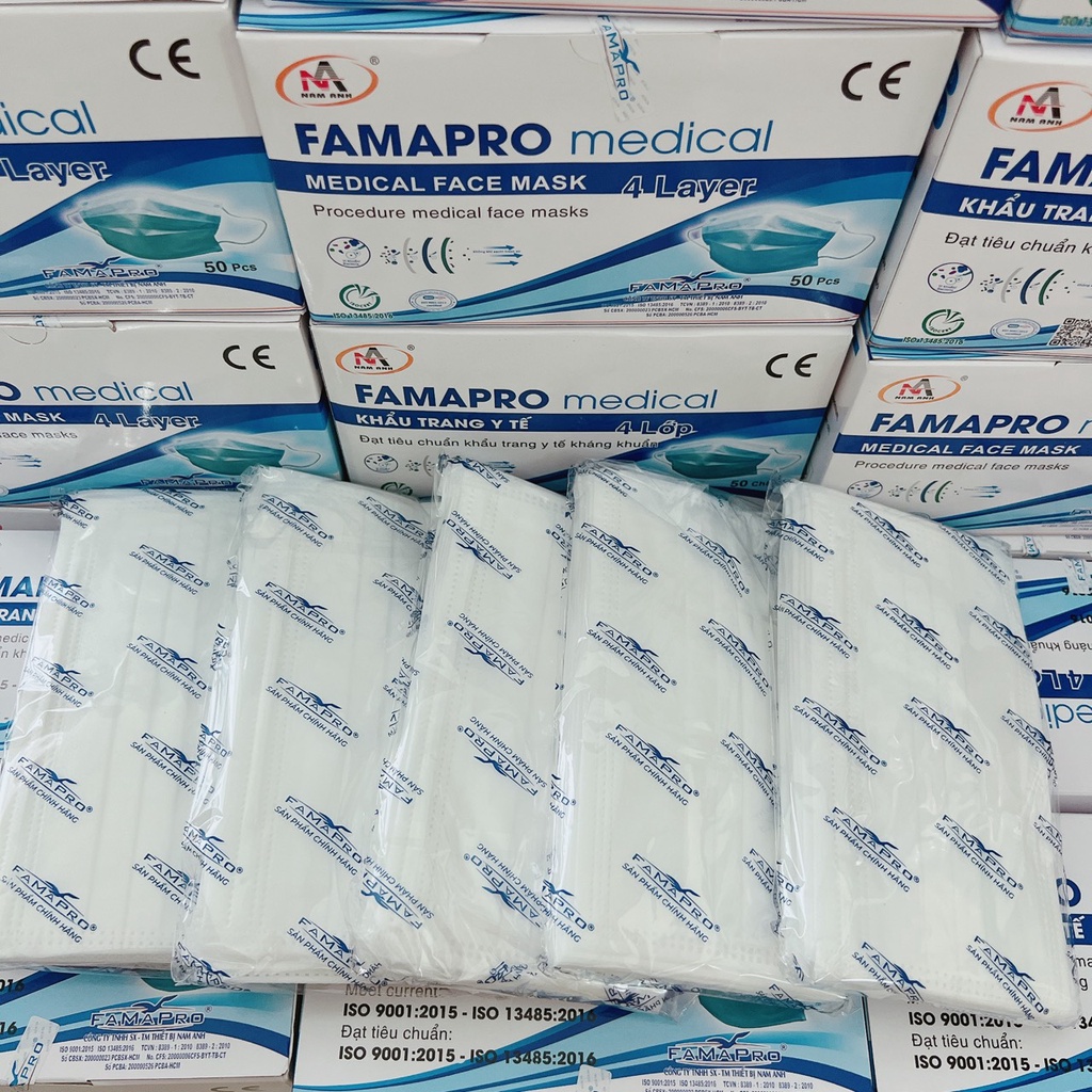 Khẩu trang y tế Famapro 4 lớp giấy kháng khuẩn hàng công ty Nam Anh hộp 50 chiếc, bảo vệ sức khỏe