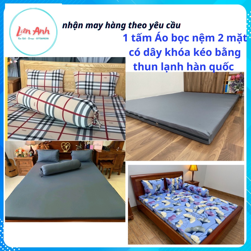 Aó bọc nệm 2 mặt có dây khóa + 2 aó gối nằm thun lạnh chân nệm cao 5-10 phân