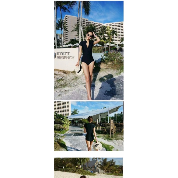 Bikini # Tay Áo Có Dây Kéo # Đen # Mỏng # Che Bụng # Sexy # Mềm Mại # Bãi Biển # Ngày Lễ # Bộ Đồ Bơi Thời Trang Mùa Xuân Cho Nữ