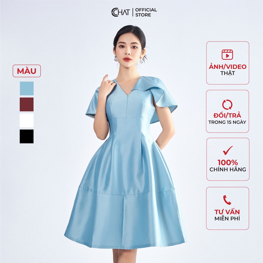 Đầm Nữ 𝐂𝐂𝐇𝐀𝐓 Kiểu Bèo Vai Lệch Dáng Xòe Chất Tafta Cao Cấp Mềm Mịn 22VNB2043XT
