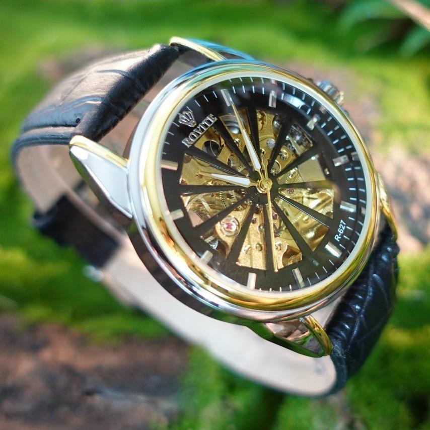 Đồng Hồ Cơ Nam Dây Da Rovite Automatic Lộ Cơ 2 Mặt, Chống Nước Chống Xước, Kiểu Dáng Trẻ Trung Năng Động