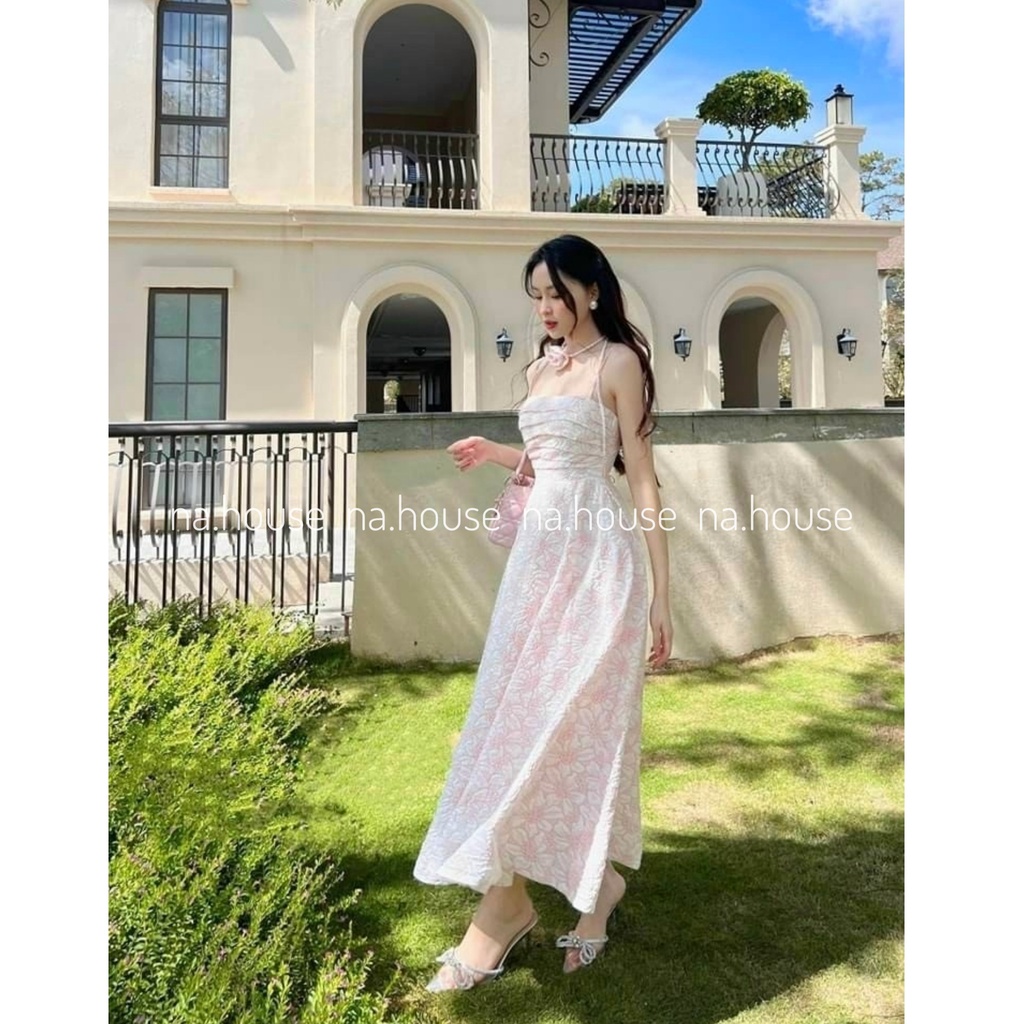 ĐẦM HỒNG MIDI HAI DÂY ĐI CHƠI ĐI TIỆC NAHOUSE VÁY GẤM XỐP 2S DÁNG DÀI KÈM CHOKER HOA THIẾT KẾ ĐẸP VÀ SANG TRỌNG