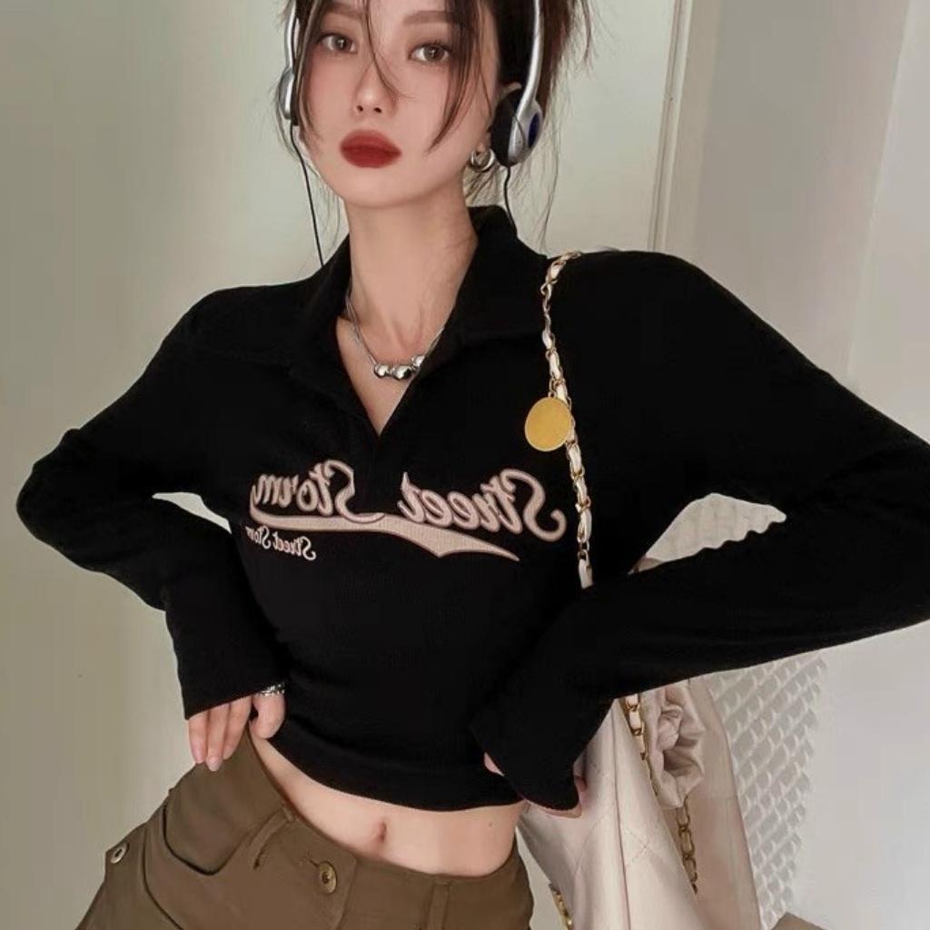 Áo croptop tay dài cổ bẻ in chữ cực xinh GenY, Áo kiểu thun dài tay ôm body cực tôn dáng -ADT30-
