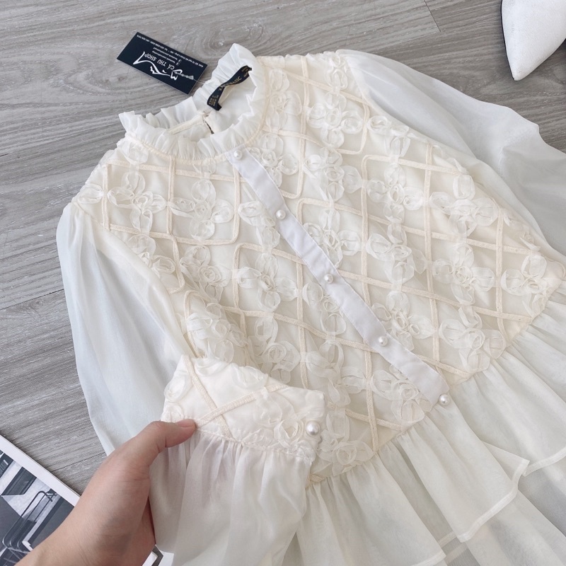 [Ảnh thật + video] Áo tơ peplum ren hoa bèo tầng