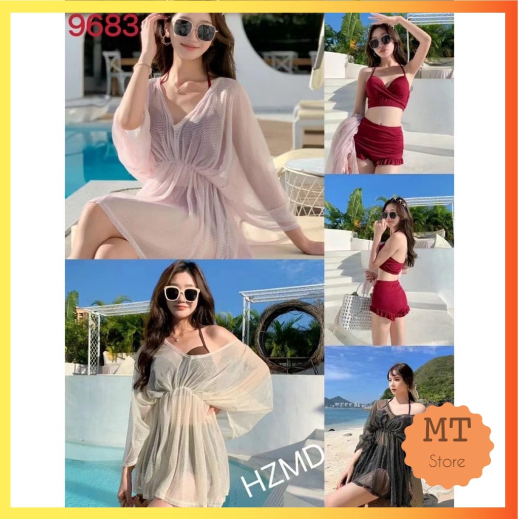 Bộ bơi áo tắm bikini đi biển nữ 2 mảnh sexy kèm áo khoác ngoài 9683