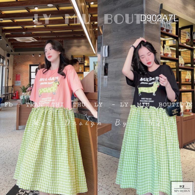 Đầm Babydoll Nữ Cotton In Hình Váy Cotton Suông Tay Lỡ Phối Caro Bèo Dáng Dài Rộng Bigsize 2 Màu Đen /Hồng