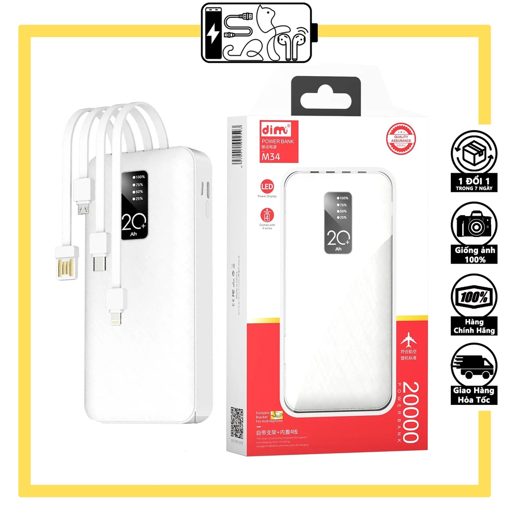 Sạc Dự Phòng 20.000mAh M34, Ba Cổng Hỗ Trợ USB, Type-C, LN, Đèn Led Hiển Thị Pin - Mồn Lèo Store