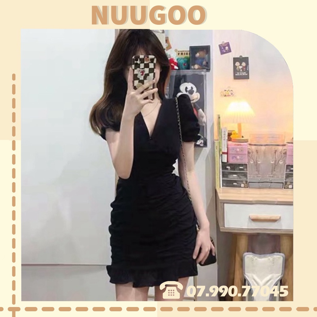 Đầm nữ họa tiết đuôi phồng màu đen phong cách hàn quốc NUUGOO12