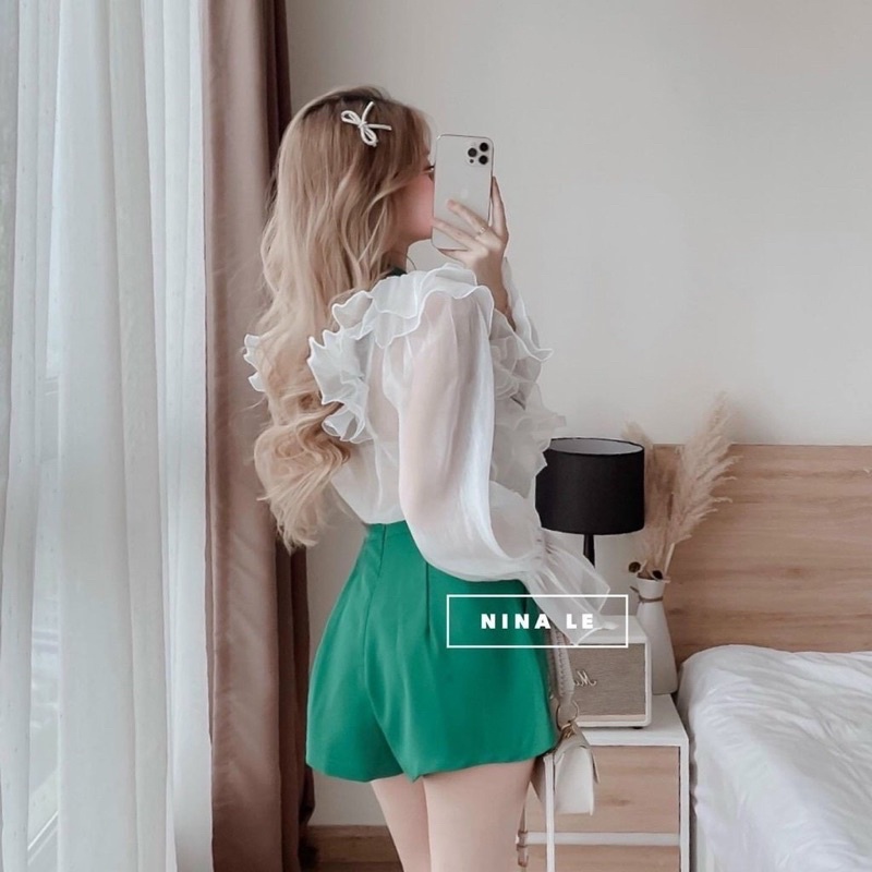 Sét bộ đồ nữ áo sơ mi họa tiết ong cột nơ quần đùi trẻ trung Vip 55