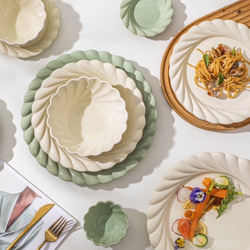 Lẻ món Bộ bát đĩa chén dĩa sứ cao cấp 3D nổi Xanh Kem bát ăn cơm tô sứ Vintage Bắc Âu