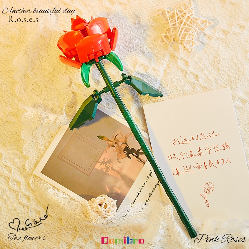 Khối lắp ráp DOMIBRO hình hoa hồng kết hợp bó hoa nhiều màu sắc dùng làm quà tặng lãng mạn cho cô gái DIY