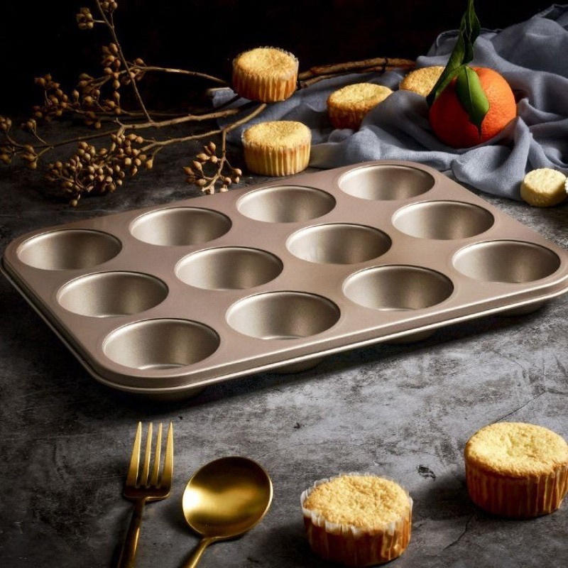 Khuôn muffin/cupcake 12 ô mini vàng đồng chống dính