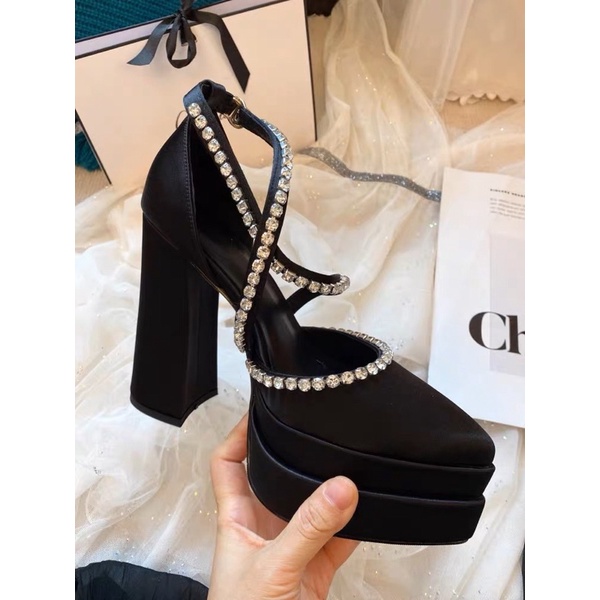 🌸ORDER 🌸 Giày đế đúp gót trụ dây đá chéo mũi nhọn & ảnh thật, 13cm 34-39