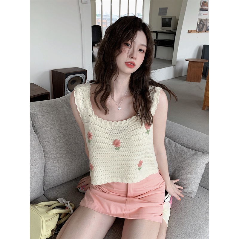 Minimalist Labo Áo Hai Dây Dệt Kim Dáng Rộng Thêu Hoa Xinh Xắn