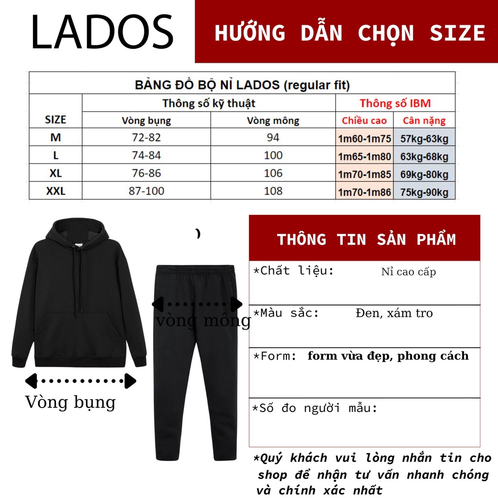 Bộ Nỉ Hoddie dài tay unisex có mũ ấm áp LADOS - 7008 mùa đông, form Hàn đẹp hàng đẹp cao cấp