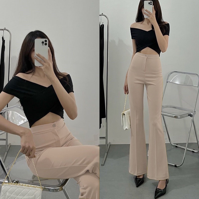 Quần tây ống loe vải đẹp vitext lưng cạp cao 1 cúc bo trên dáng cao chuẩn form siêu dài MAITREYA 833