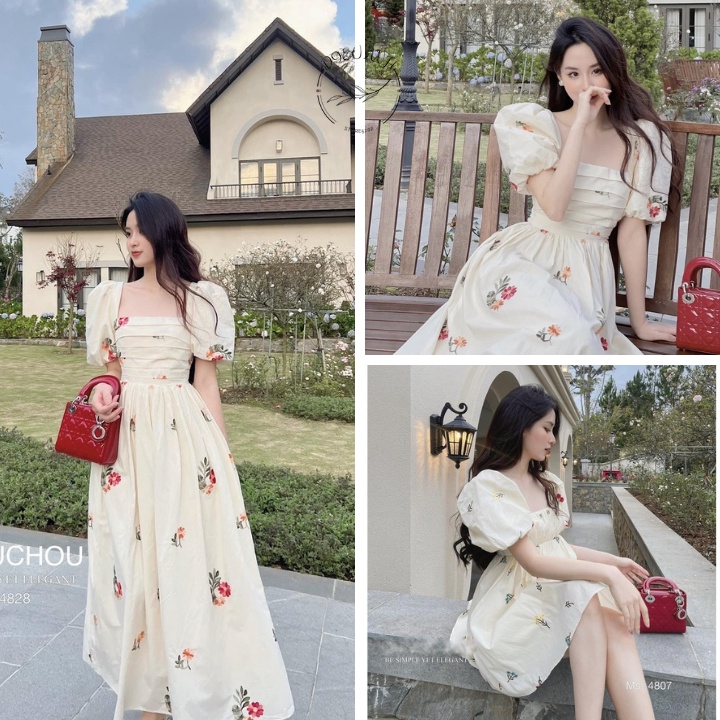 Váy Hoa - Đầm Dài Tiểu Thư Cô Vuông Tay Bồng Công Chúa Dáng Xòe Chất Vải Đũi Mềm Mát Dieuanh_5202