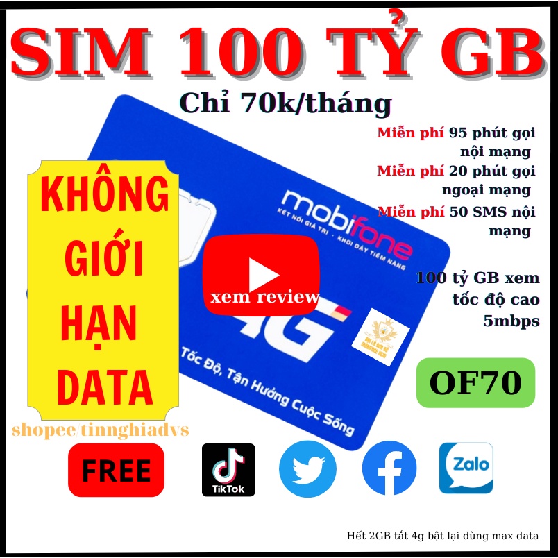 Sim KO GIỚI HẠN DUNG LƯỢNG Mobifone CV119 - Max90 - ED60 - AG60 - CF60 - C120 - OF70