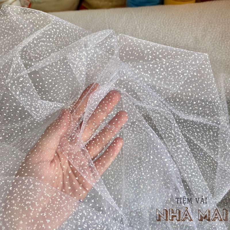 Lưới Sơn Chấm Nhũ Trắng Cứng Nhẹ Tạo Phồng Váy, Gói Hoa