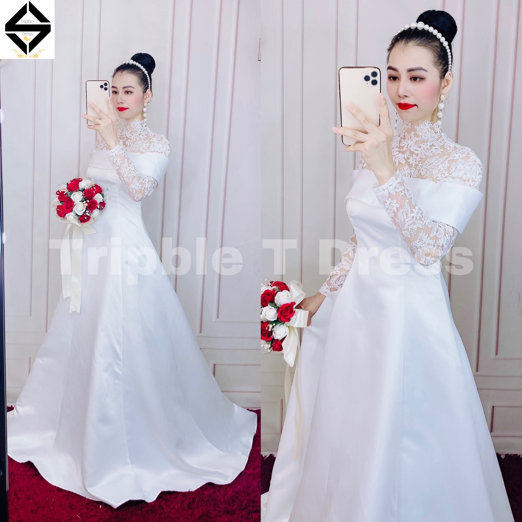Đầm maxi xòe mặc cưới TRIPBLE T DRESS tay dài phối ren cổ cao - size S/M/L - MS255Y