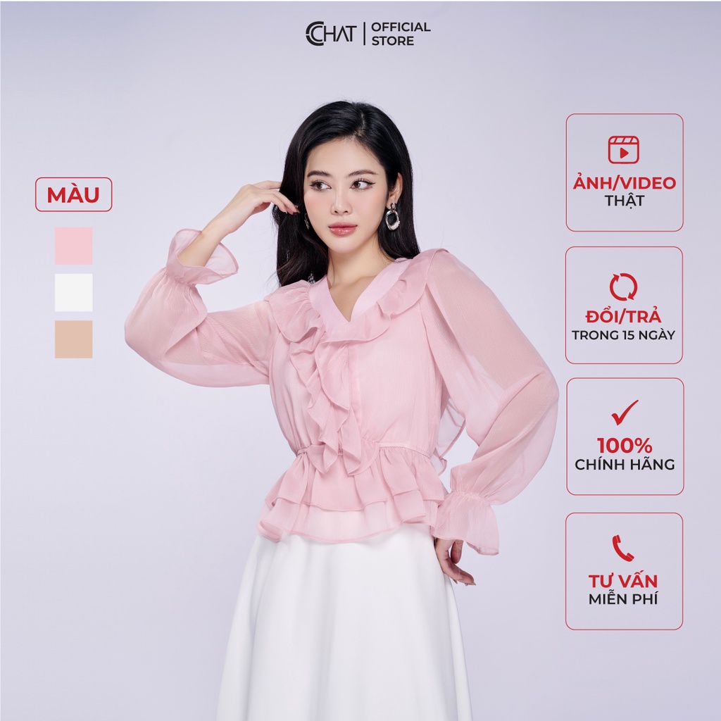 Áo Kiểu Nữ 𝐂𝐂𝐇𝐀𝐓 Tơ Bèo Cổ V Chun Eo Chất Voan Cao Cấp Mềm Nhẹ 53ADV2002PT