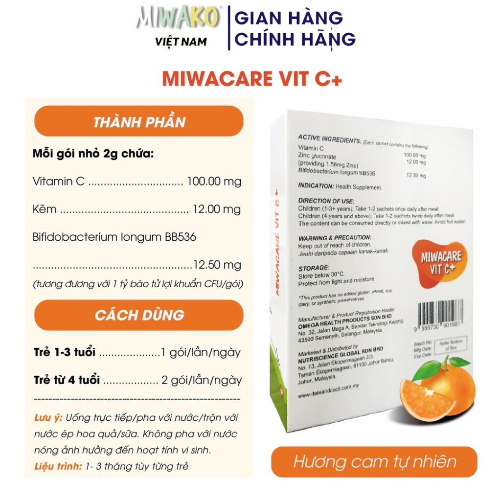 [Quà Tặng] Vitamin C Cho Bé Miwacare Vit C Nhập Khẩu Malaysia Hộp 10 Gói Vị Cam - Miwako Official Store