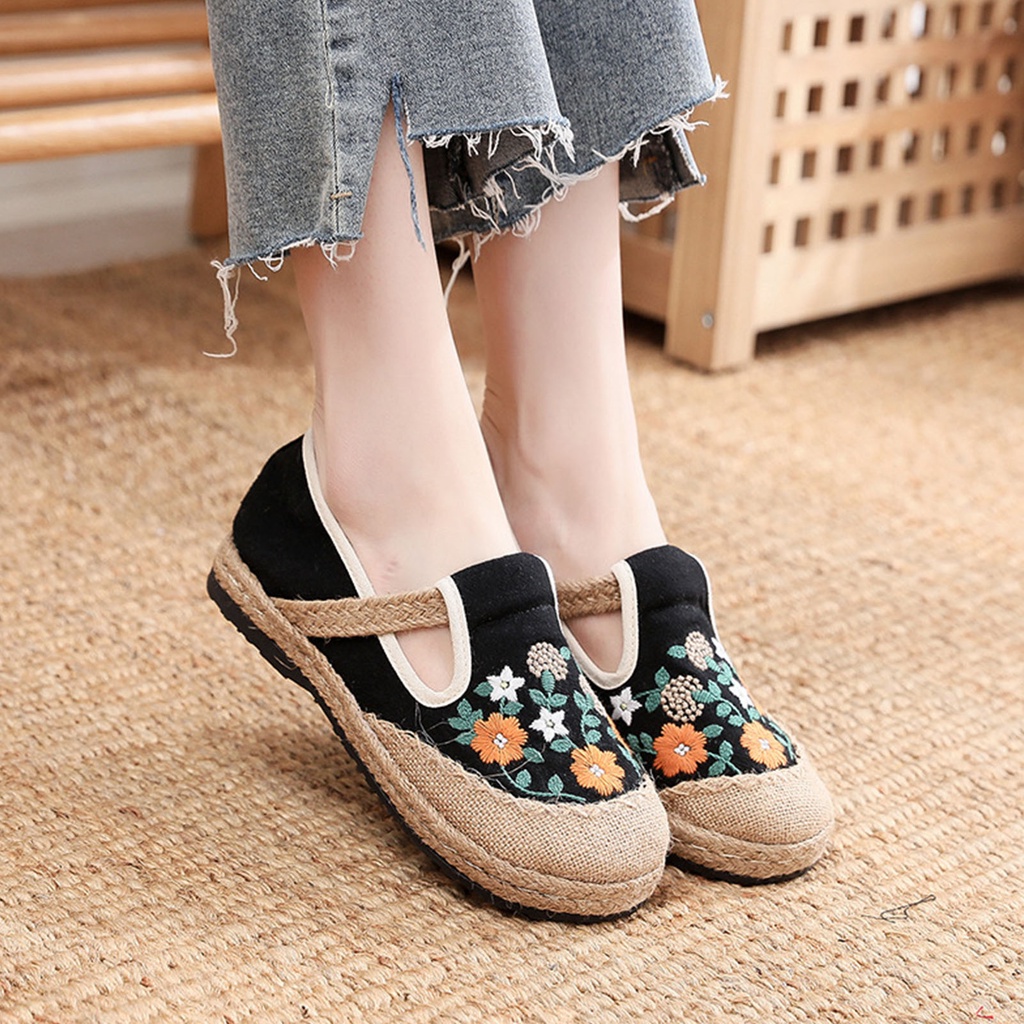 Thonglor Shoe Giày bít mũi bằng vải lanh có ống hút Phẳng thoáng khí Mềm nhẹ nữ thêu hàng ngày run 2 u