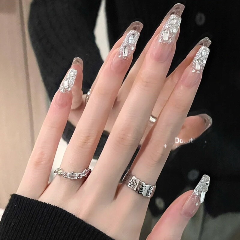Móng giả thiết kế thủ công kim tuyến, đính đá lấp lánh - N178