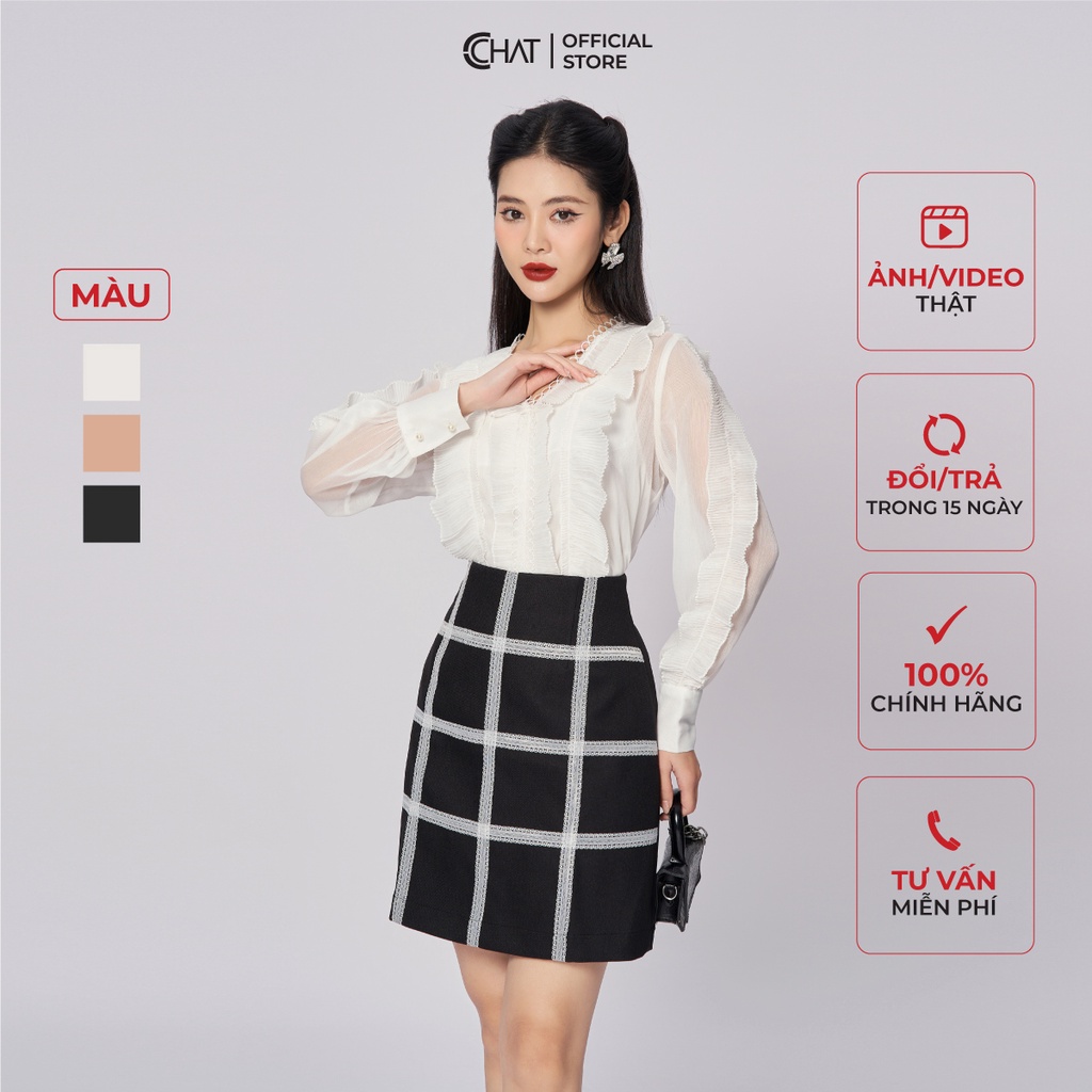 Áo Sơ Mi Nữ 𝐂𝐂𝐇𝐀𝐓 Kiểu Cổ V Bèo Thân Trước Chất Voan Mềm Nhẹ 53ADV2003ST