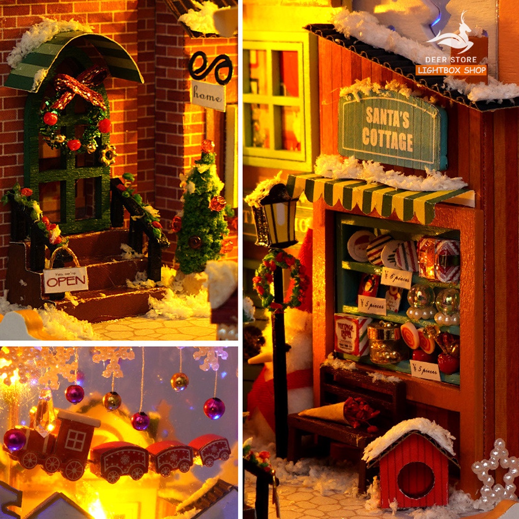 Mô hình Noel BOOK NOOK. Tăng KEO DÁN. Có đèn led. Nhà búp bê gỗ DIY Trang Trí Kệ sách. Quà tặng Noel ý Nghĩa TC38