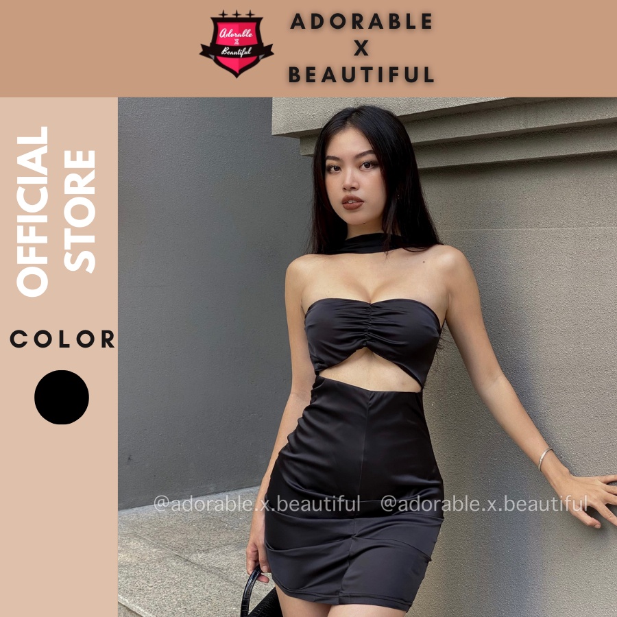 Đầm Dự Tiệc Satin Đen Cúp Ngực Dây Cổ Tròng, Váy Body Ôm Cut Out Lụa Hở Lưng Sexy [AdorablexBeautiful]