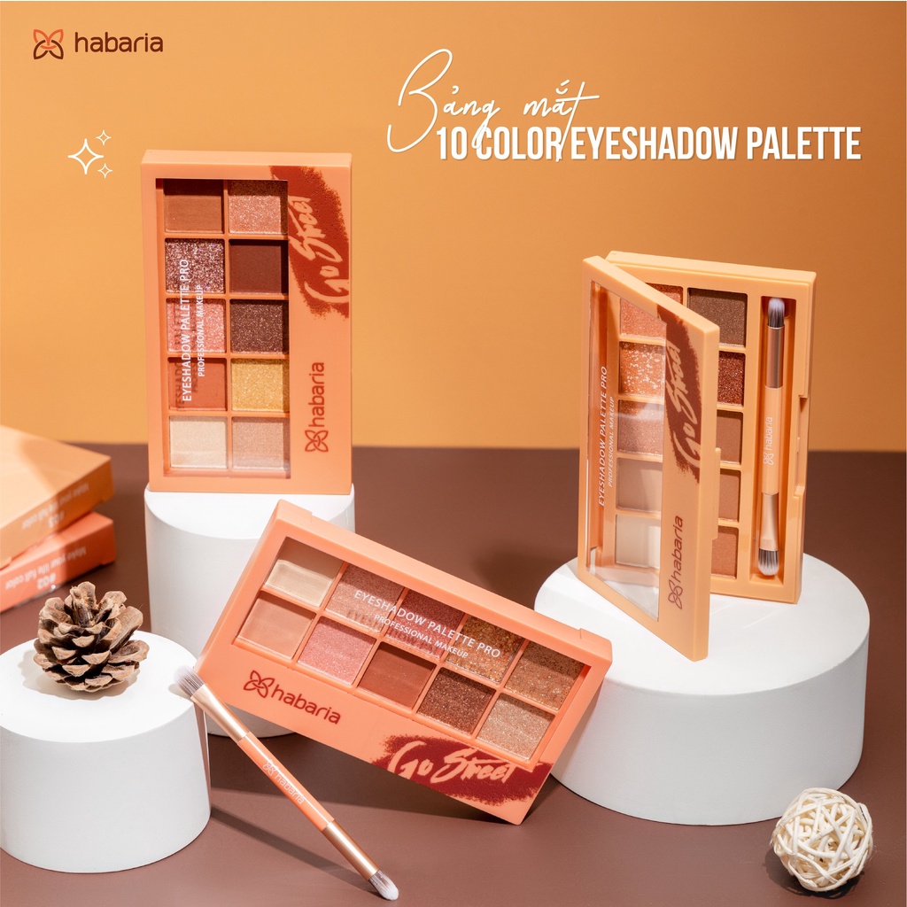 Bảng phấn mắt 10 ô HABARIA colors eyeshadow palette có kèm chổi, lâu trôi, tone màu trendy hợp tone make up Châu Á