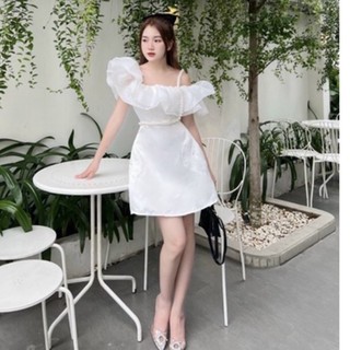 Váy dự tiệc trắng voan tơ dây ngọc