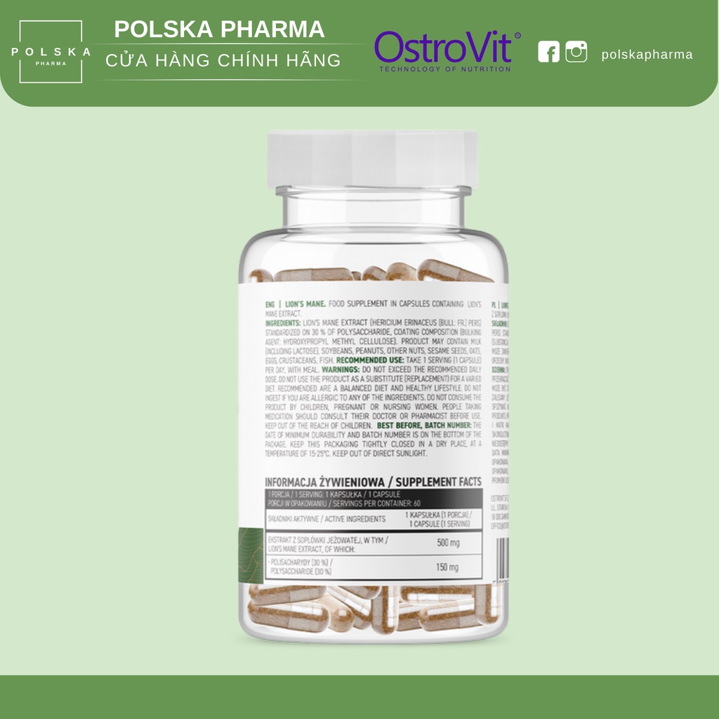 Viên Uống Ostrovit Lion's Mane 60 Viên Nấm Hầu Thủ Hỗ Trợ Thần Kinh, Lo Âu Và Não Bộ